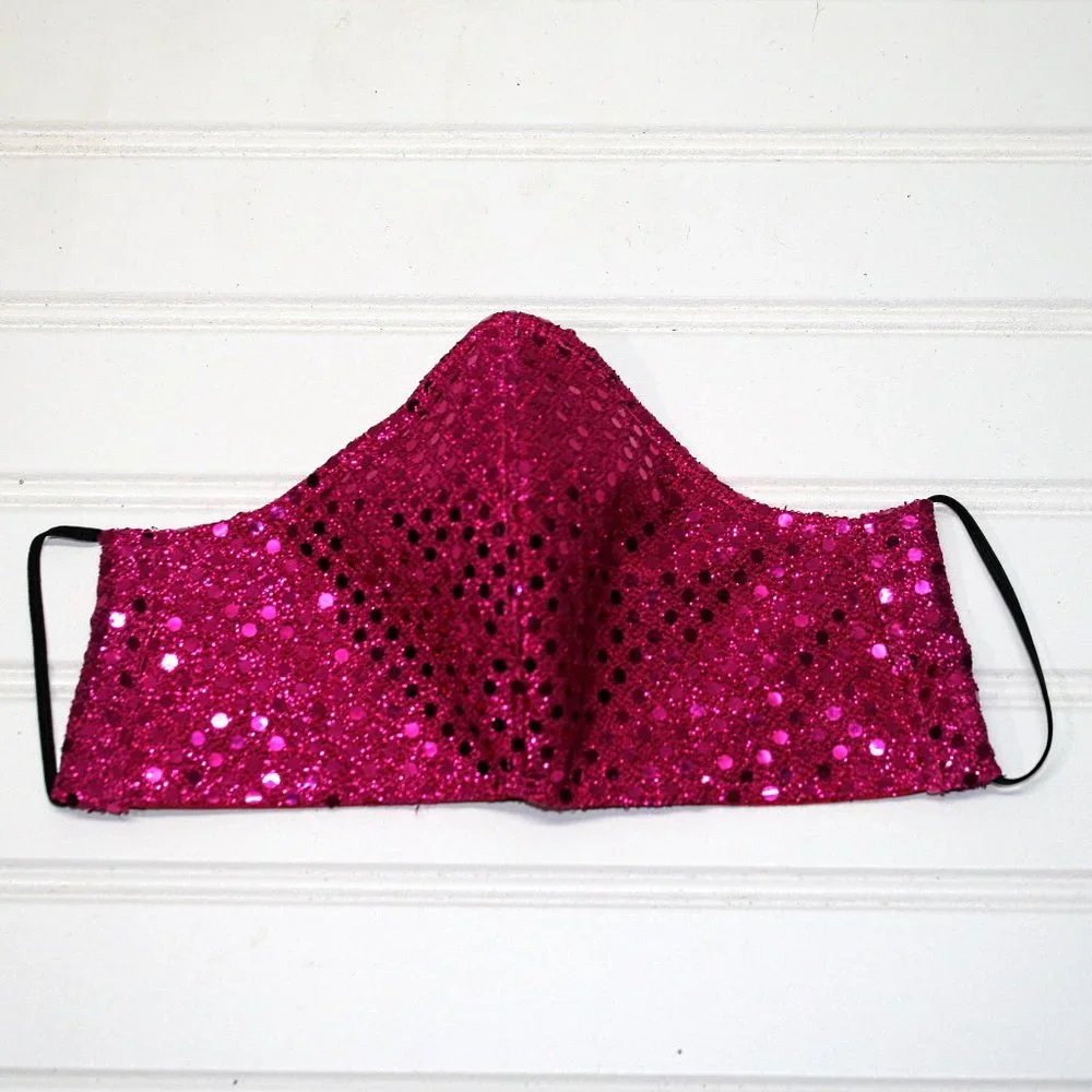 HAND CRAFTED Face Mask Hot Pink Confetti Dot Sequin - Adult - Shield Style